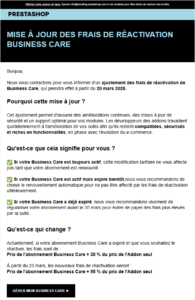 Mise à jour des frais de réactivation Business Care Prestashop Addons