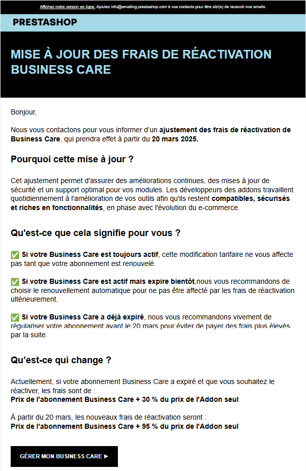 Mise à jour des frais de réactivation Business Care Prestashop Addons
